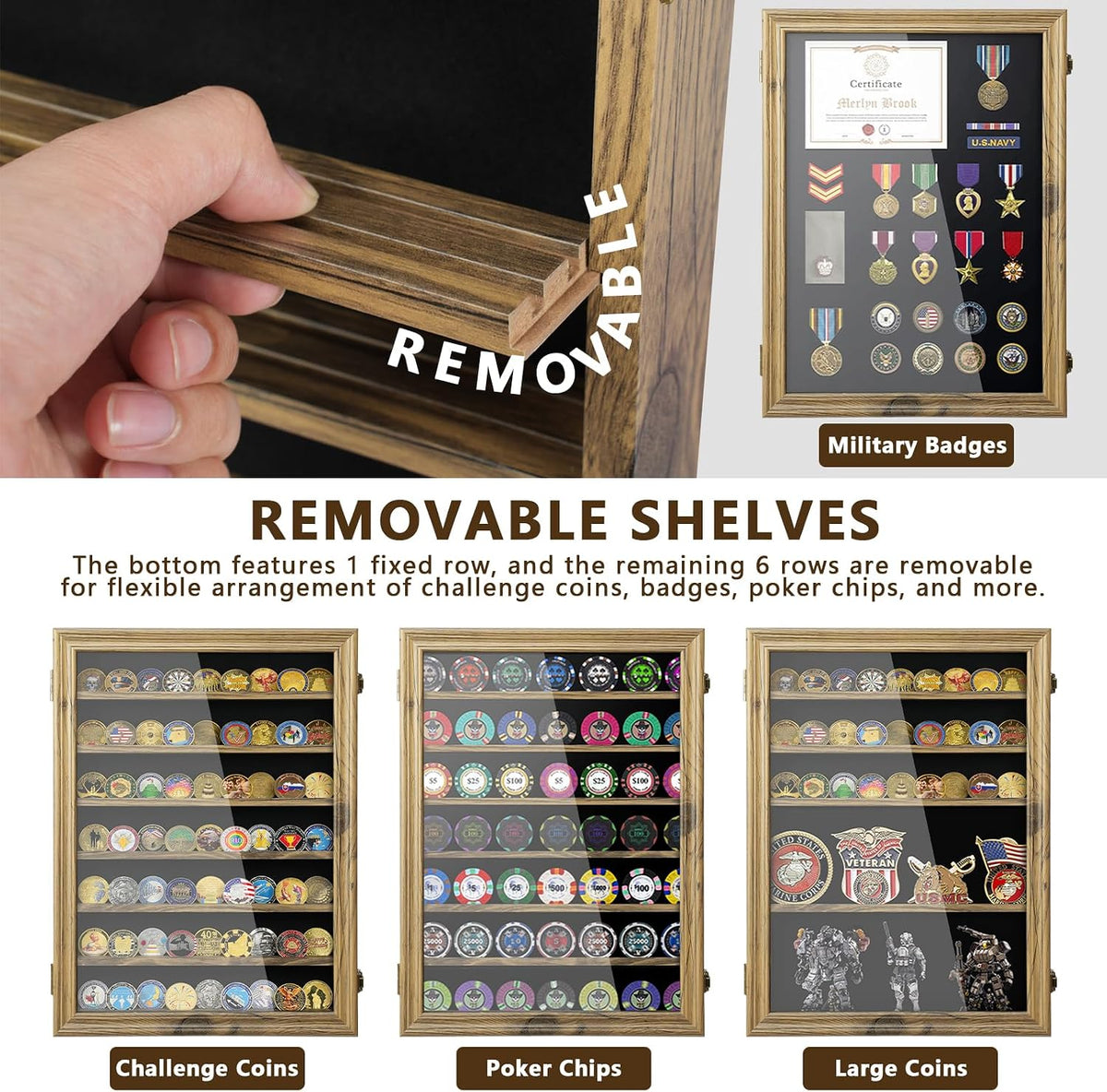 7 Rows Military Challenge Coin Holder Display Case with HD Tempered Glass - Holds 100 Coins, Medal Display Cabinet, Shadow Box for Casino Poker Chips, Removable 2-Groove Shelves, Rustic Wood