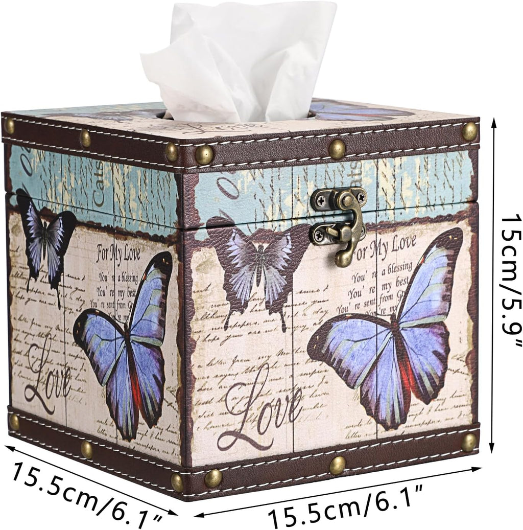 Butterfly Tissue Box Cover, Wood Square Tissue Holder, Bluish Purple
