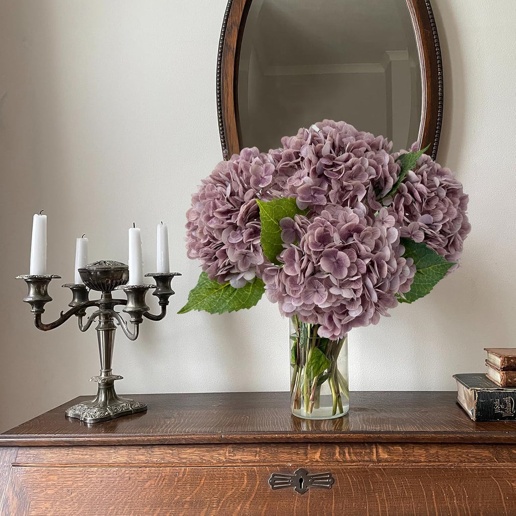 YalzoneMet 3 Pcs Vintage Mauve Hydrangea Artificial Flowers Gray Purple 21'' Real Touch Latex Hydrangea Faux Flowers for Party Home Kitchen Bedroom Tables Centerpieces Fall Decor