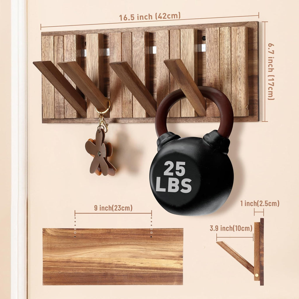 Wall Coat Rack for Entryway: Folding Wood Rustic 8 Hooks