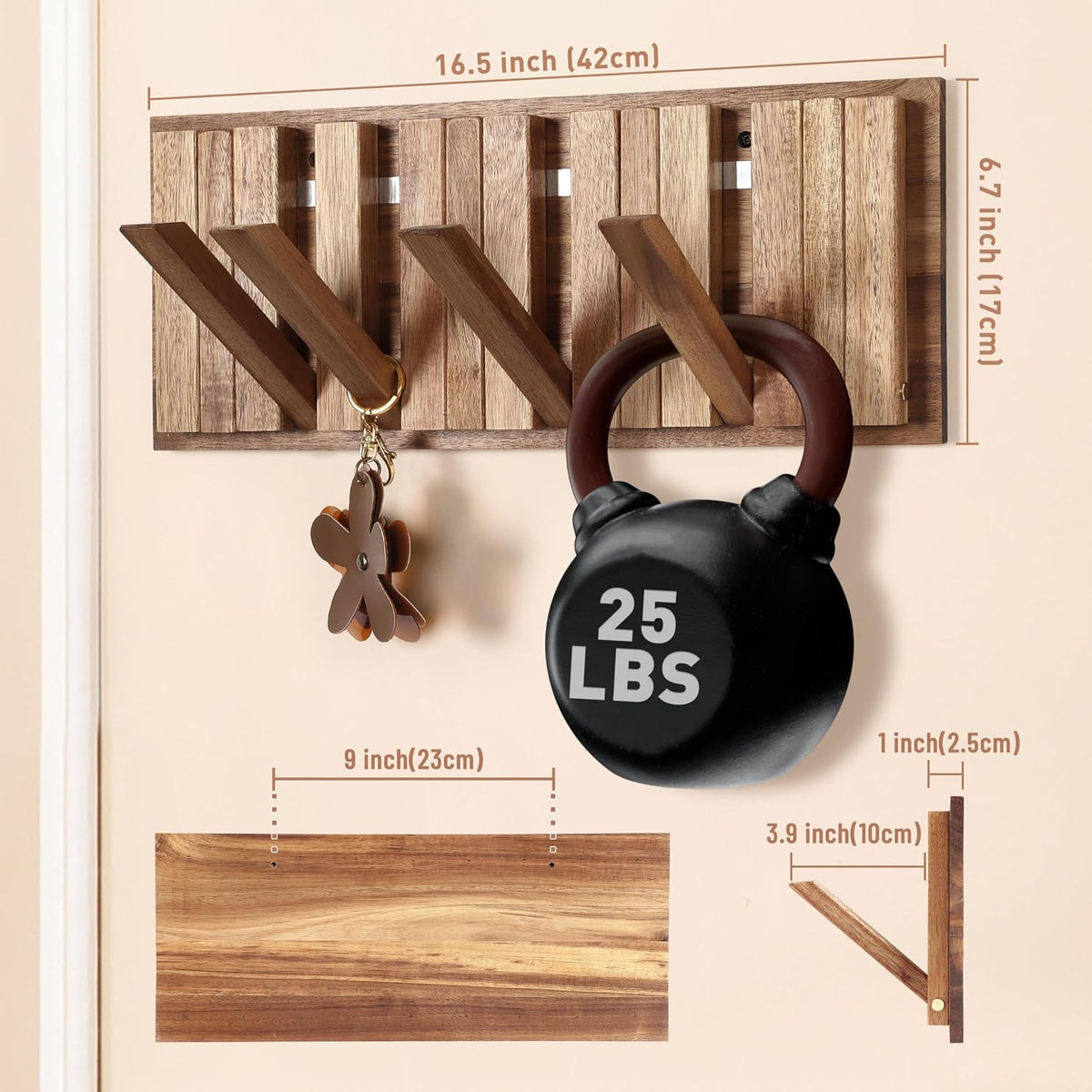 Wall Coat Rack for Entryway: Folding Wood Rustic 8 Hooks