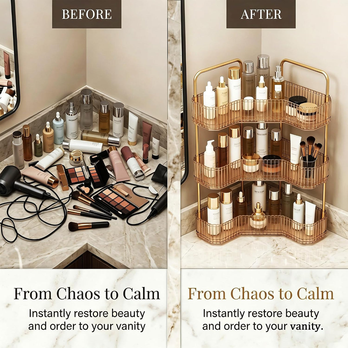 3-Tier Corner Bathroom Organizer, Skincare Vanity Counter Shelf Orange