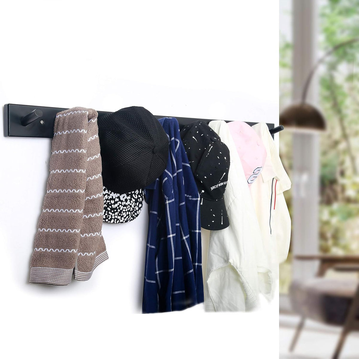 WEBI Coat Rack Wall Mounted,10 Hooks,38" Long Coat Hanger Wall Mount,Bamboo Peg Rail Hat Hooks for Hanging Caps,Jacket,Clothes,Coats,Black,2 Packs
