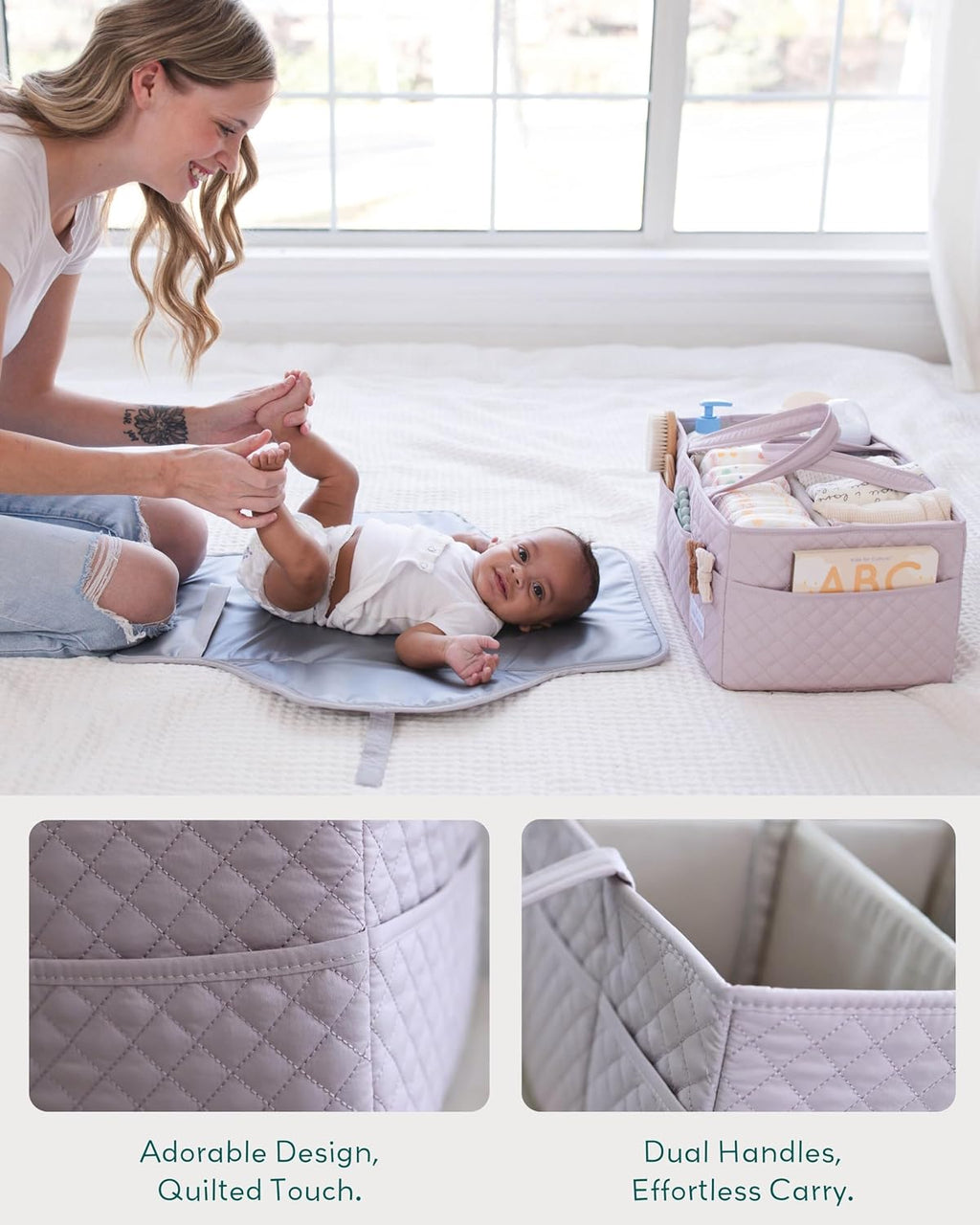 Lily Miles Baby Diaper Caddy Organizer, Quilted Nursery Storage Organizer for Newborn Essentials and Diaper Changing Station, Gift for Baby Shower and Registry Must-Have (Rosy Lilac)