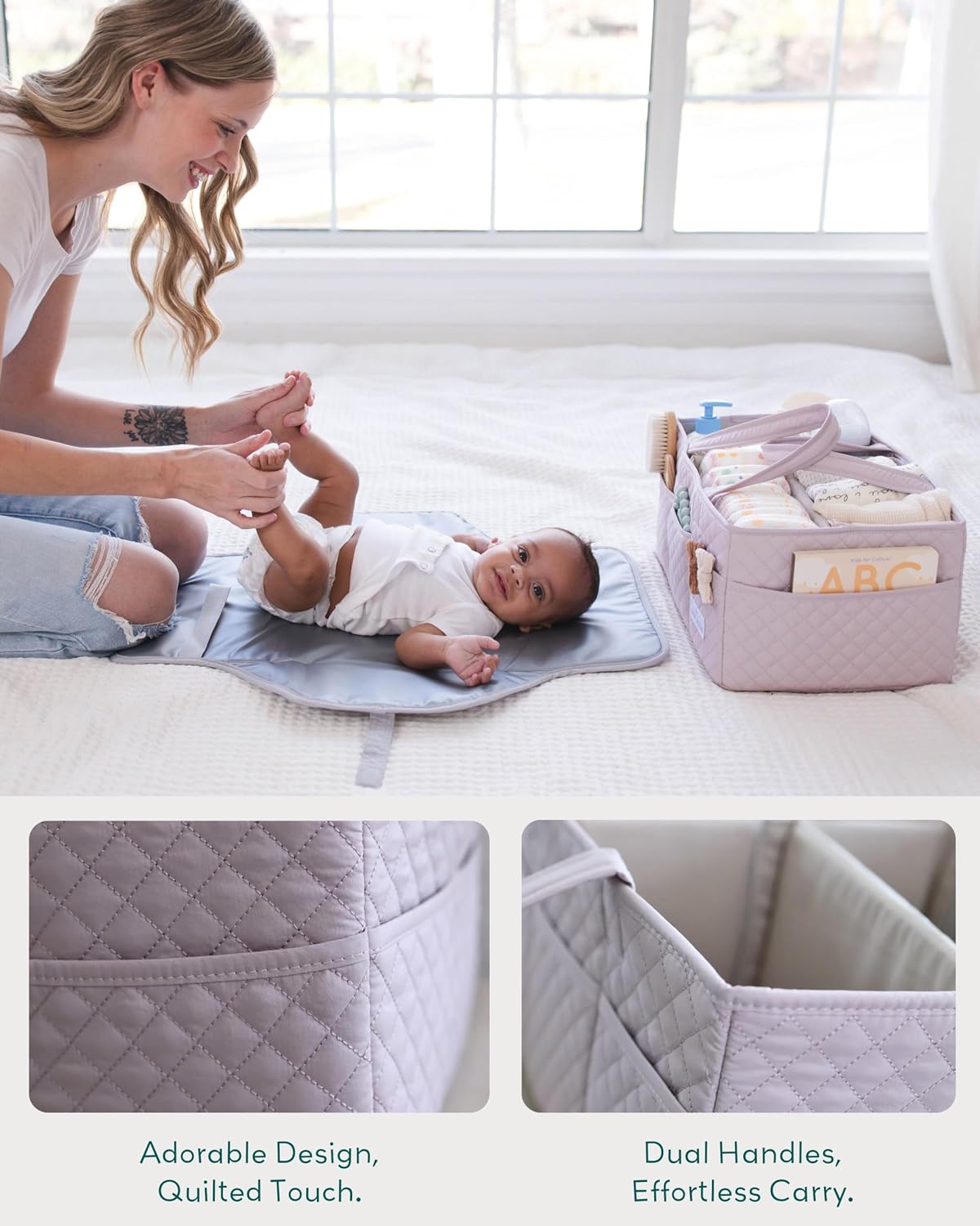 Lily Miles Baby Diaper Caddy Organizer, Quilted Nursery Storage Organizer for Newborn Essentials and Diaper Changing Station, Gift for Baby Shower and Registry Must-Have (Rosy Lilac)