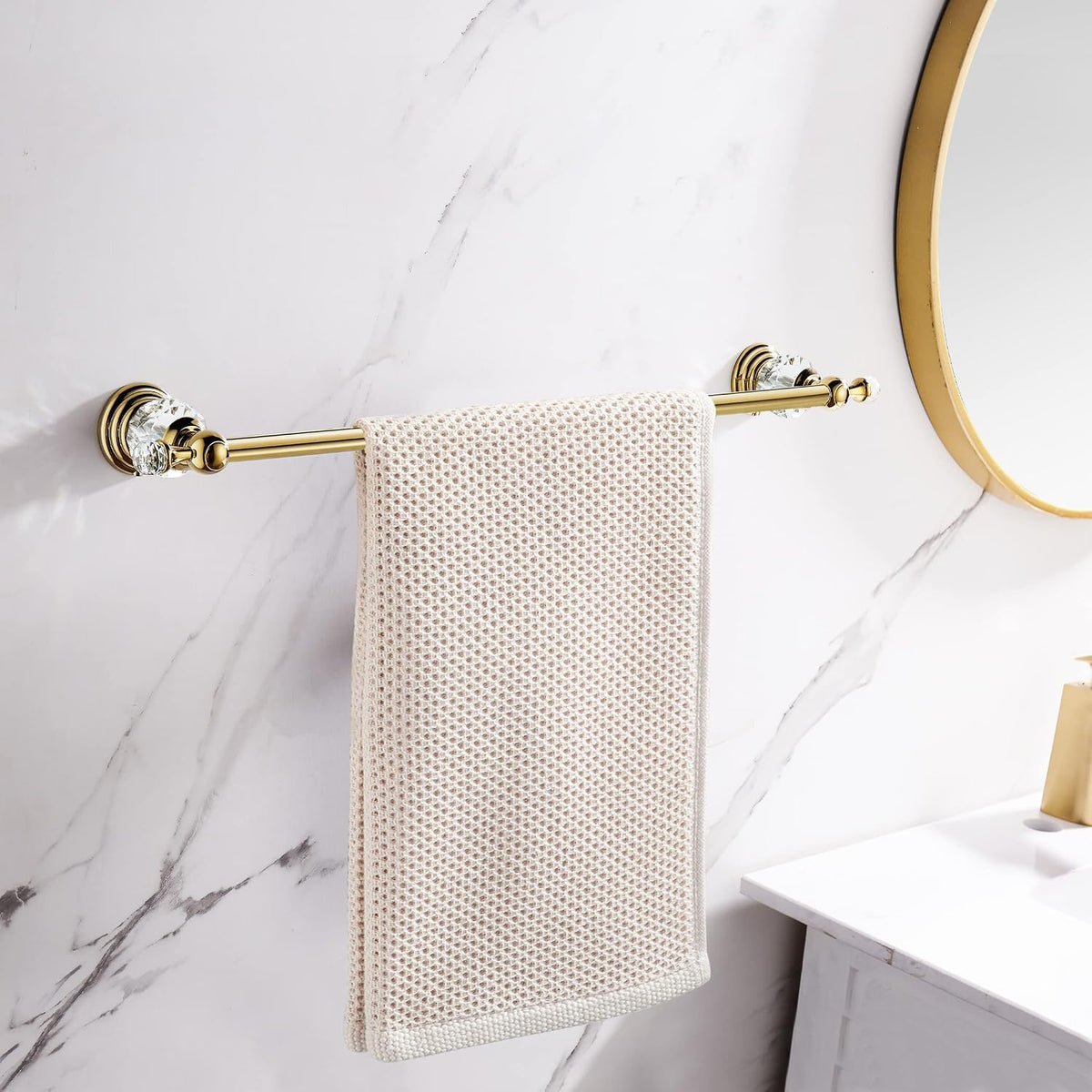 WINCASE Gold Towel Bar, Adjustable Crystal Towel Holder, Golden Finished Bathroom Single Towel Racks Rail Wall Mounted