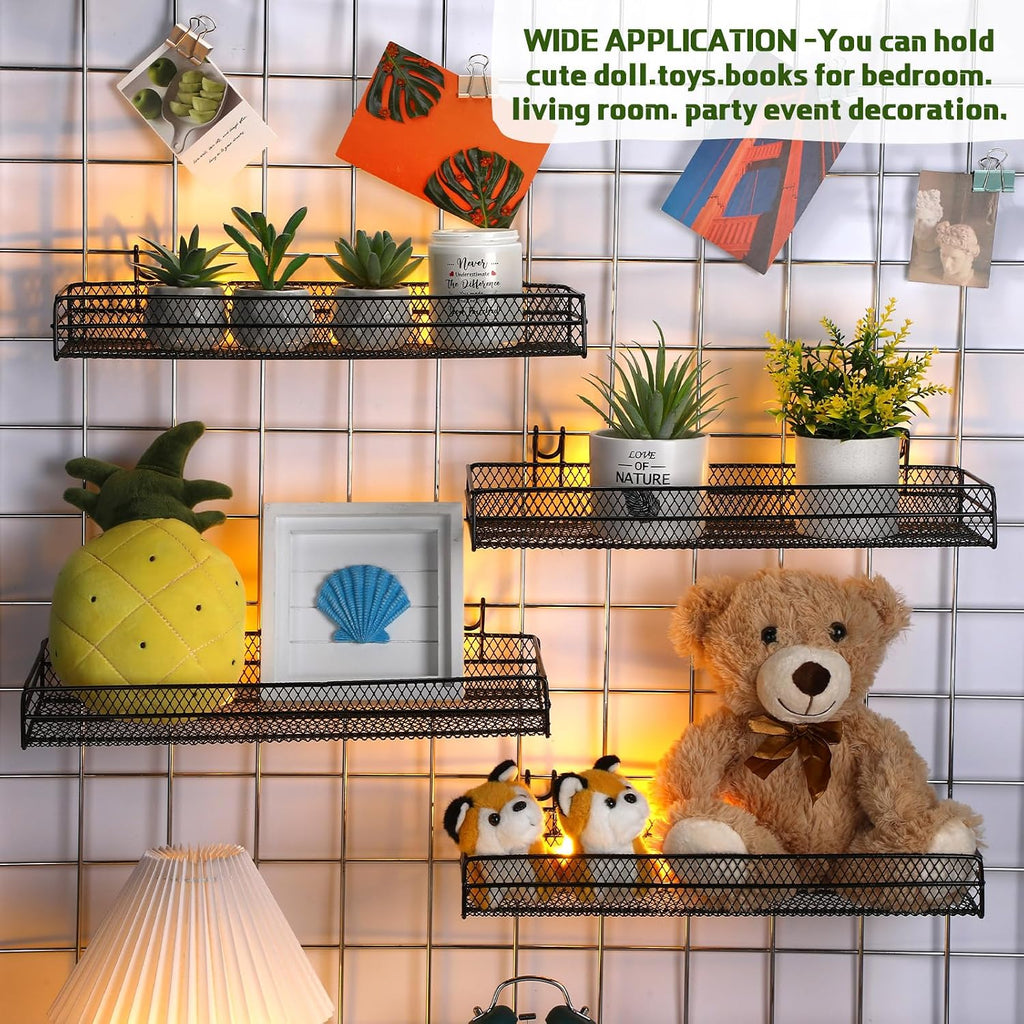 4 Pcs Black Metal Grid Wall Baskets with Hooks Hanging Wire Mesh Basket for Gridwall Wall Mounted Storage Organizer for Home Kitchen Organizing Display