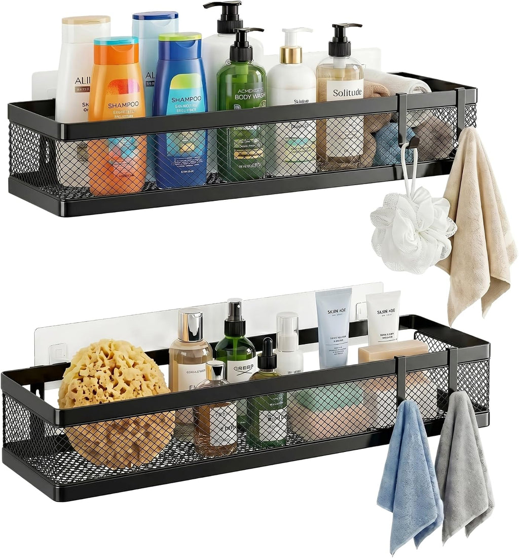 PUSDON 16.5-Inch Extra Long Slim Mesh Shower Caddy, Wall Mounted Bathroom Organizer with Adhesive, Heavy Duty Rustproof Shelf for Narrow Kitchen Pantry & RV, Holds 50 LBS 2-Pack - Matte Black Netting