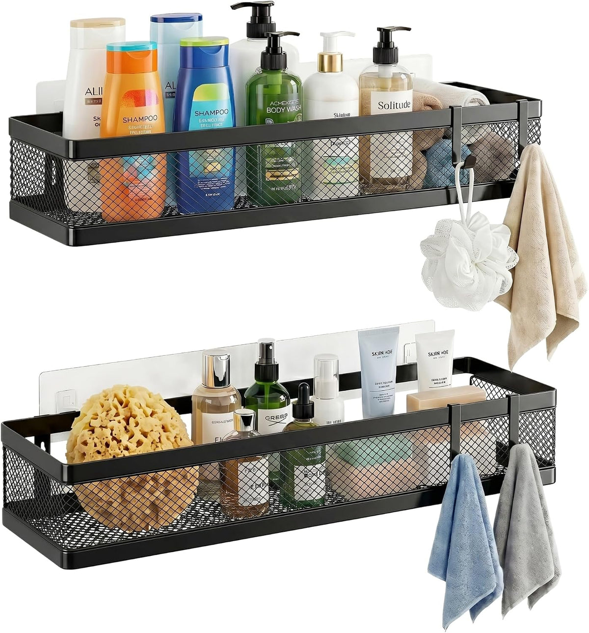 PUSDON 16.5-Inch Extra Long Slim Mesh Shower Caddy, Wall Mounted Bathroom Organizer with Adhesive, Heavy Duty Rustproof Shelf for Narrow Kitchen Pantry & RV, Holds 50 LBS 2-Pack - Matte Black Netting