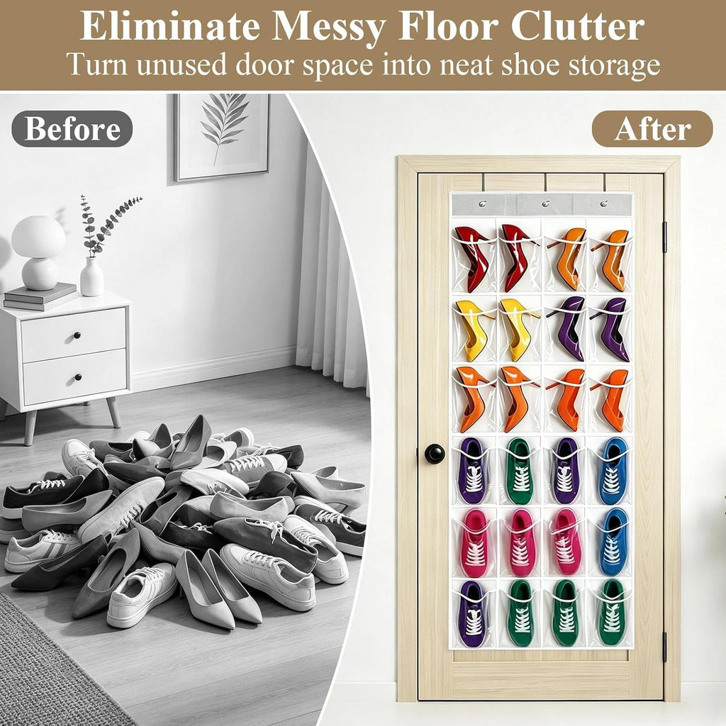 24 Pockets Over the Door Shoe Organizer, Clear Hanging Shoe Organizer with 3 Metal Hooks, Space Saving Shoe Holder Rack for Closet Dorm Bedroom Entryway Bathroom Storage, White