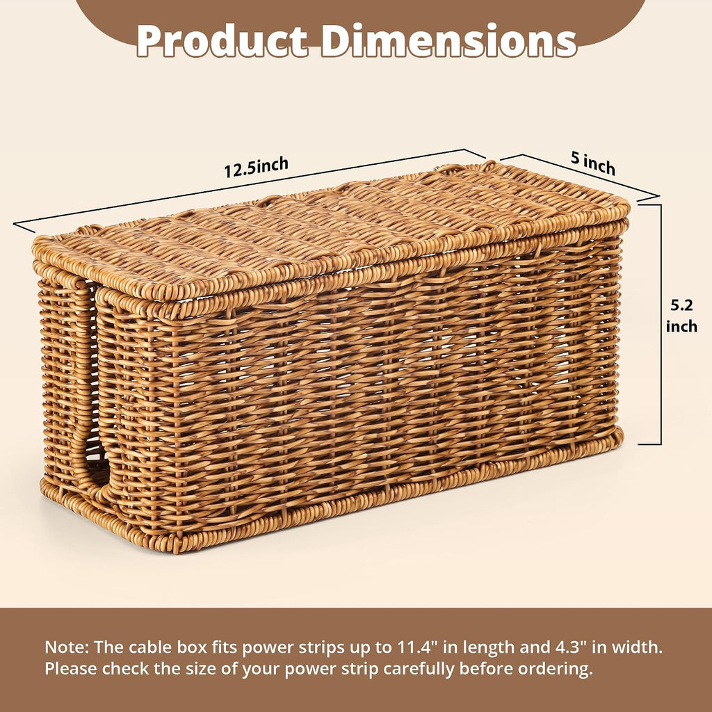 ZhiYo Rattan Cable Management Box, Speckled Brown, 12.5" x 5" x 5.2"