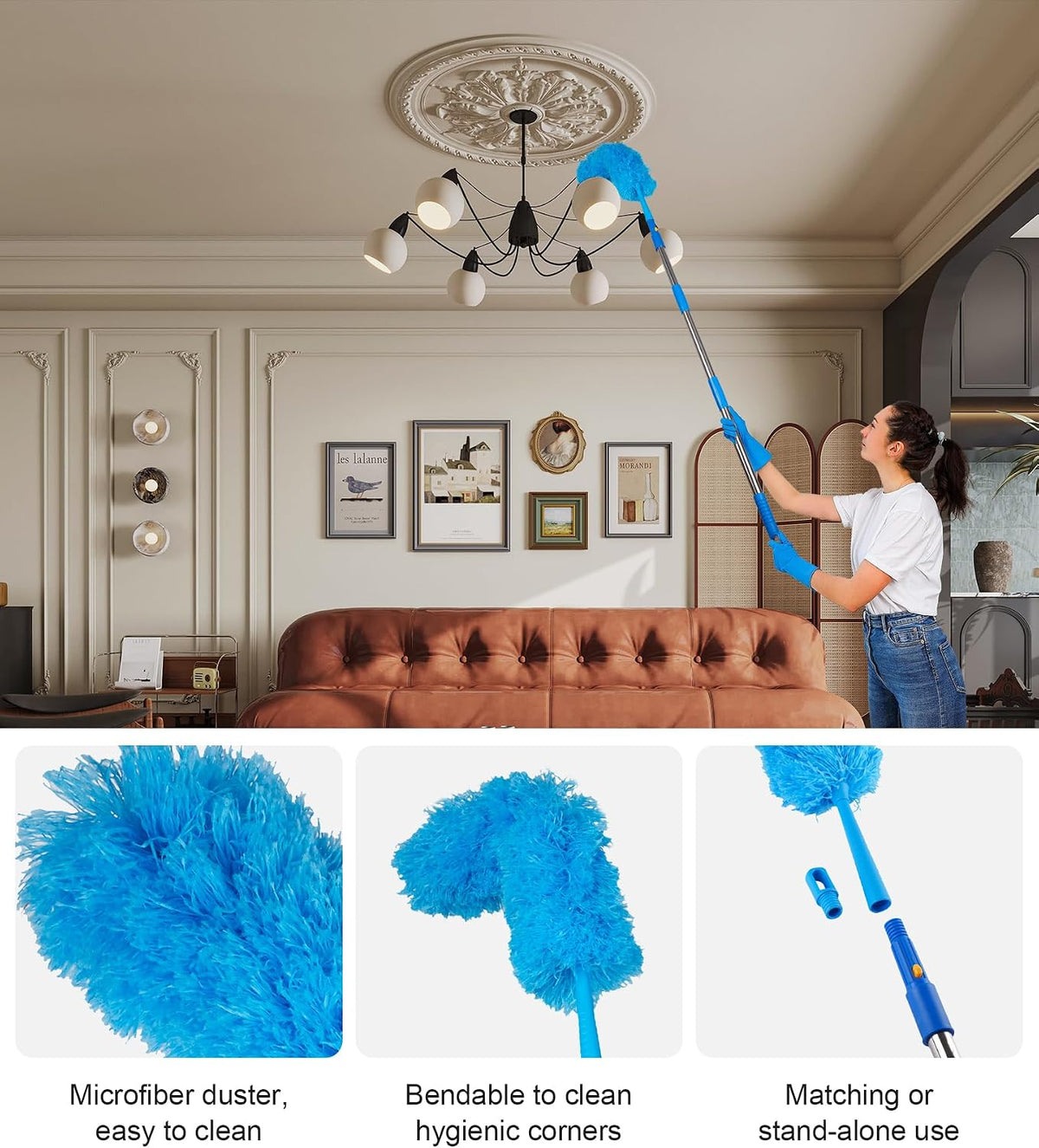 Window Squeegee Cleaner with 4 Stainless Steel Extension Poles, 58inch Long Reach, Scrubber, Glass Scraper, Bendable Duster, 2 Scrubber Cloth for Window, Car, Professional Cleaning Kit