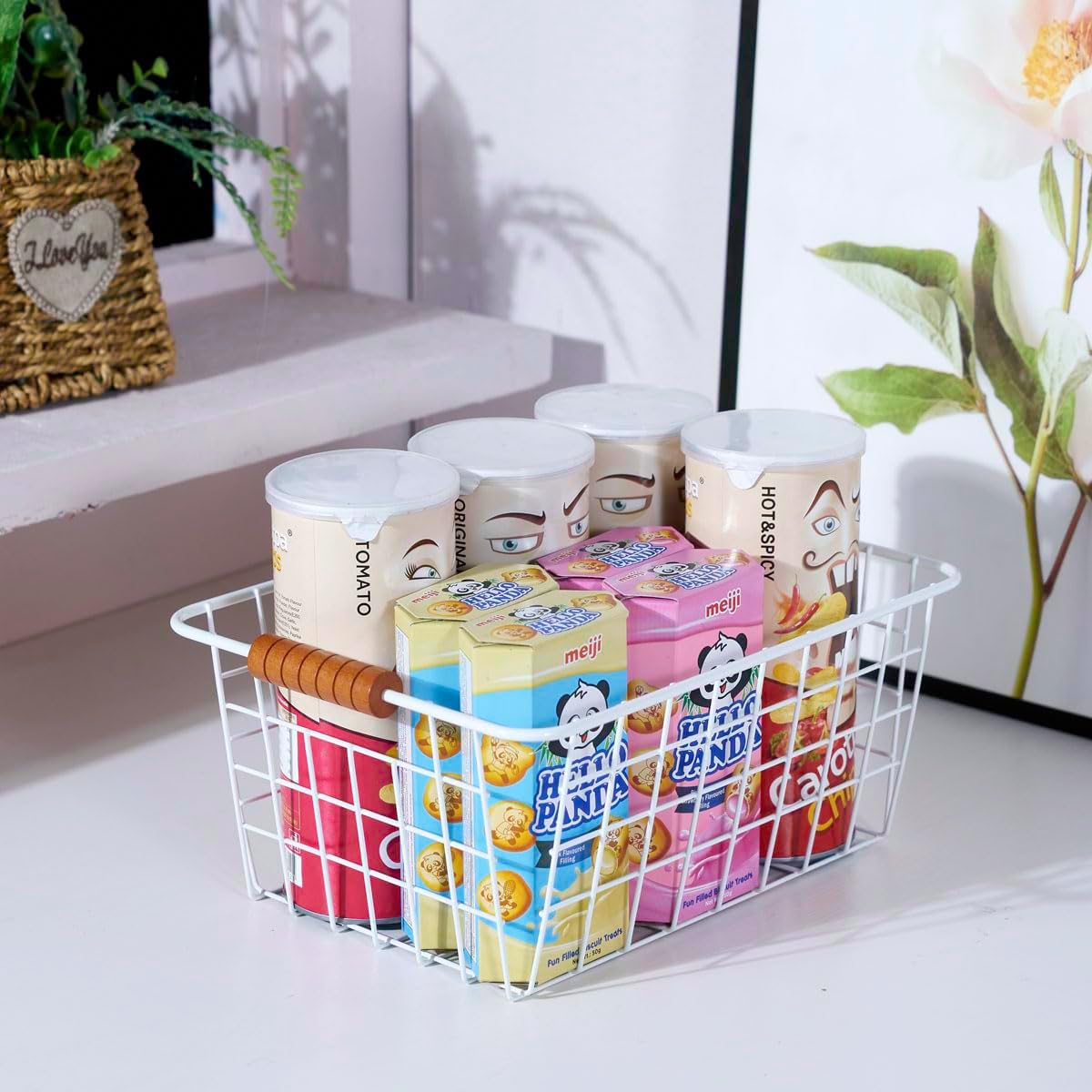 JUNCHU CHERRY Wire Kitchen Storage Basket 2 Packs,Perfect Pantry Organization Accessories Baskets,Laundry Basket,With a Wooden Handle,Suitable for Kitchen,Bathroom,Bedroom,Tabletop,Stackable,White