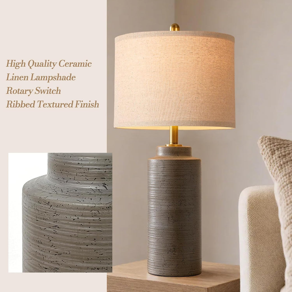 PARTPHONER 27" Vintage Ceramic Table Lamp Set of 2, Rustic Farmhouse Bedside Lamps with Ribbed Textured Finish, Greyish Brown Earth Tone Nightstand Lamps for Living Room Bedroom End Tables Home Decor