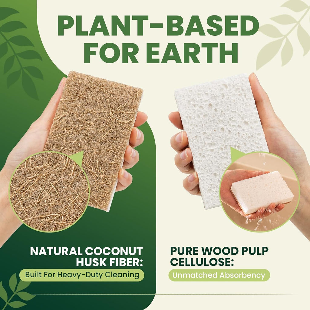 Metflavor Kitchen Sponges, 6 Count, Natural Sponge with Coconut Scrubber