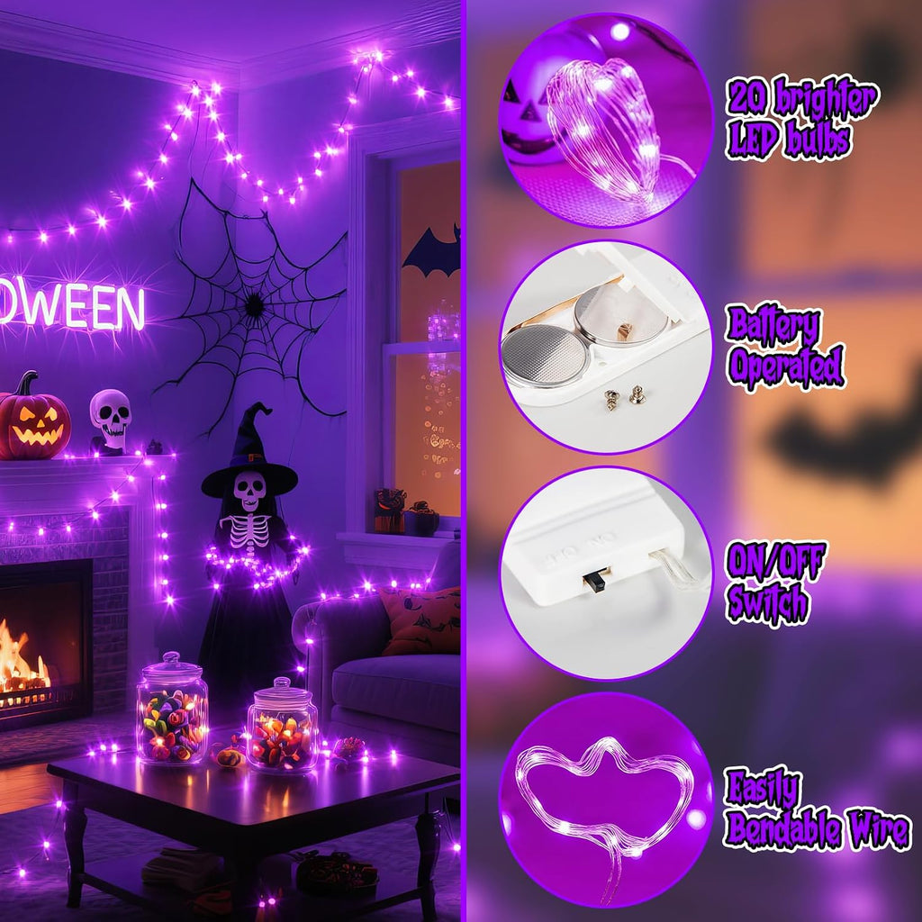 Halloween Purple Fairy Lights Battery Operate,7.2ft 20 LEDs String Lights Silver Copper Wire for Hallowen Christmas DIY Decoration Wedding Party (6 Pack)