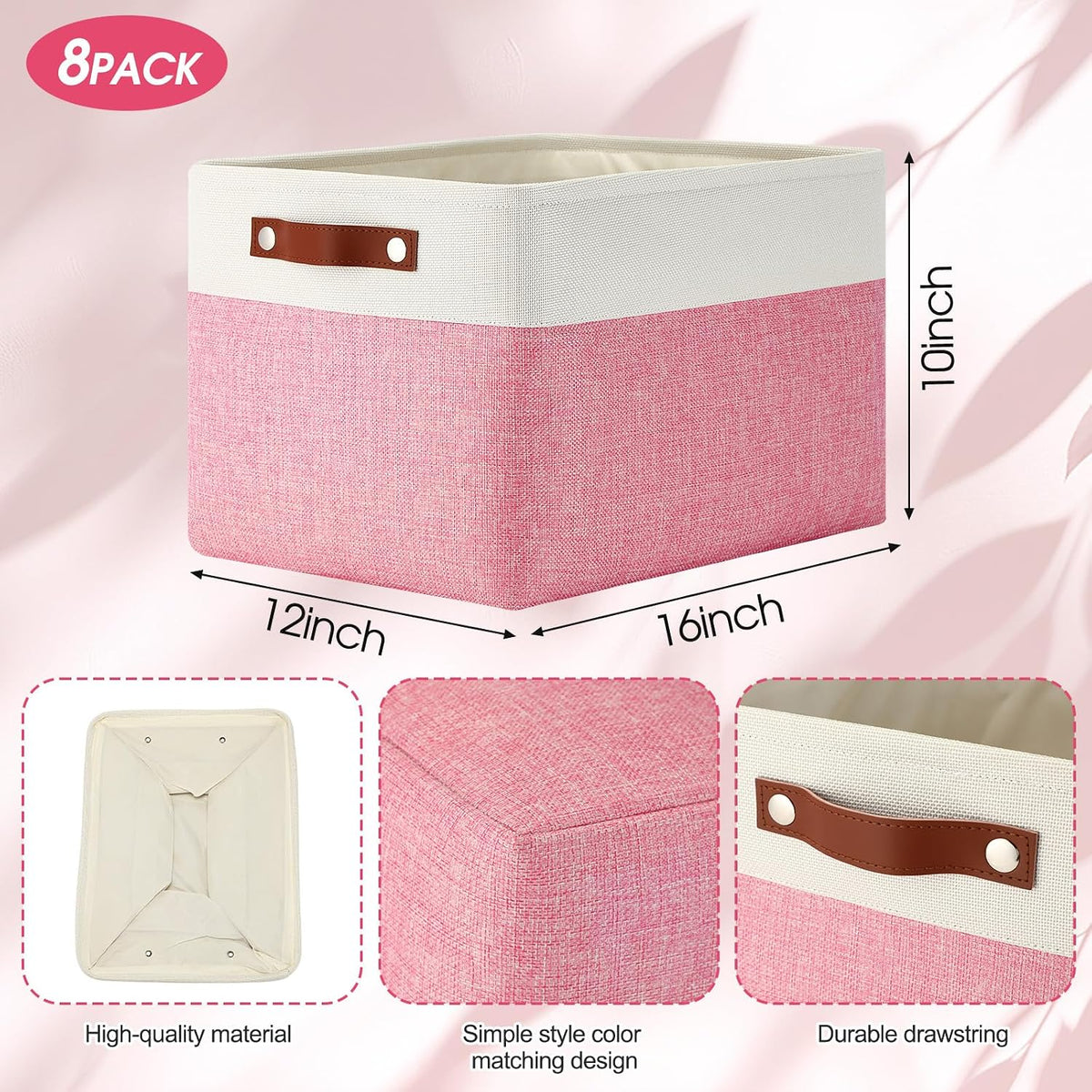 Uiifan 16 x 12 x 10 Inch 8 Pack Fabric Storage Baskets with Handles, Pink