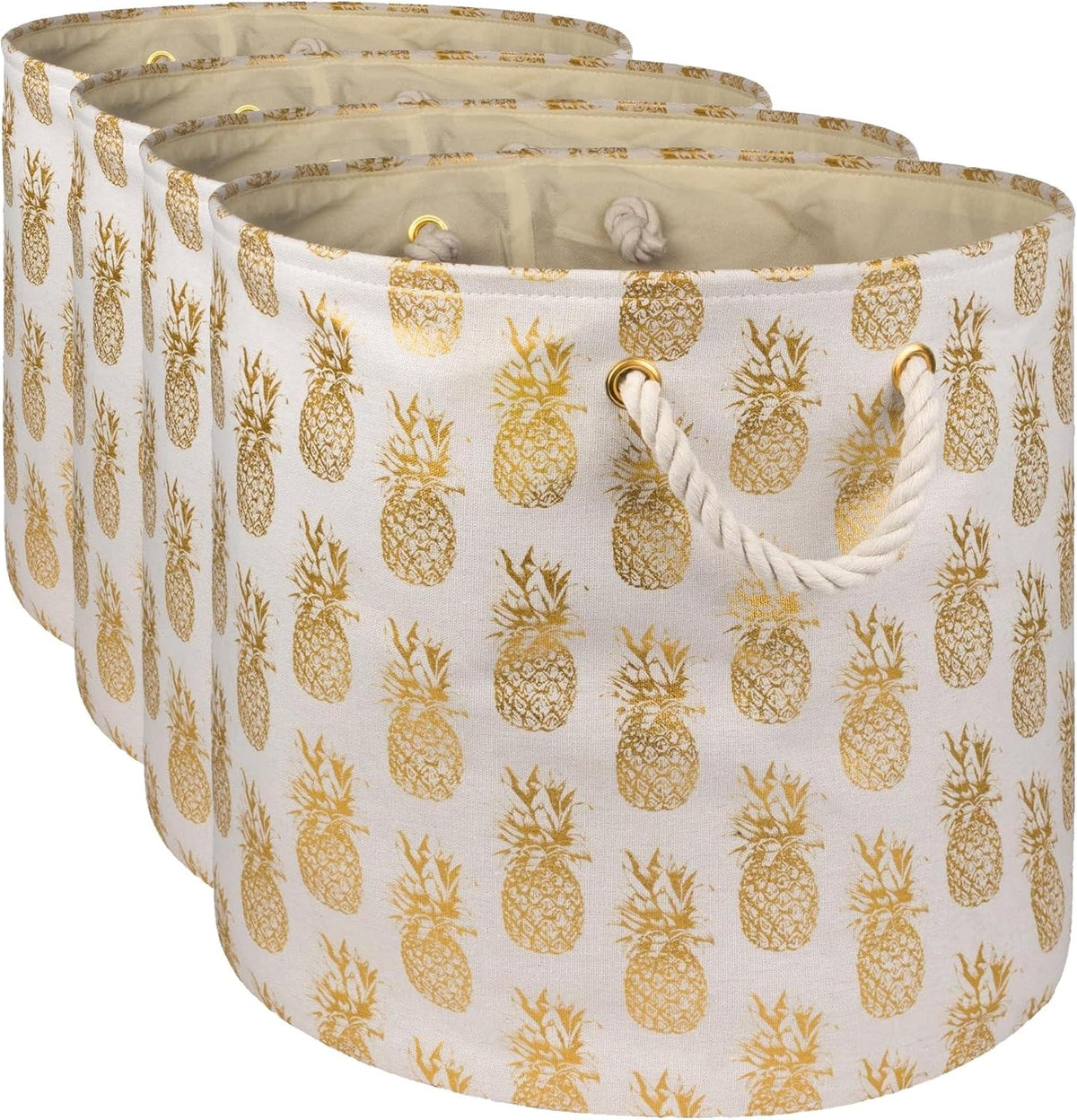 DII Polyester Storage Bin, Gold Metallic Collection Collapsible with Handles, Large Round, Pineapple (Pack of 4)