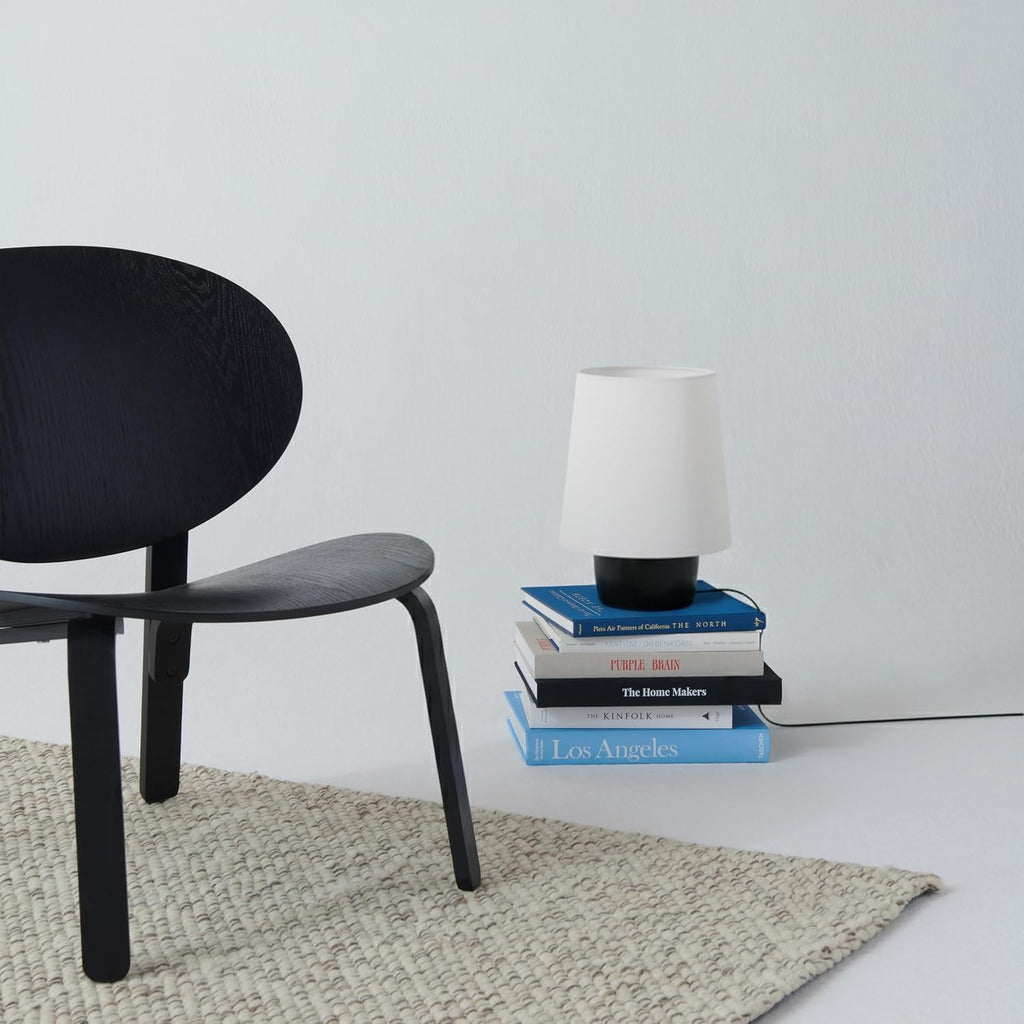 Brightech Dan LED Desk and Table Lamp - Modern Mushroom Style Ceramic Lamp for Bedroom, Bedside, Desk, Office - Cozy Corner Nightstand Light with Small Lamp Shade - Tiny Lamp with Black Ceramic Base