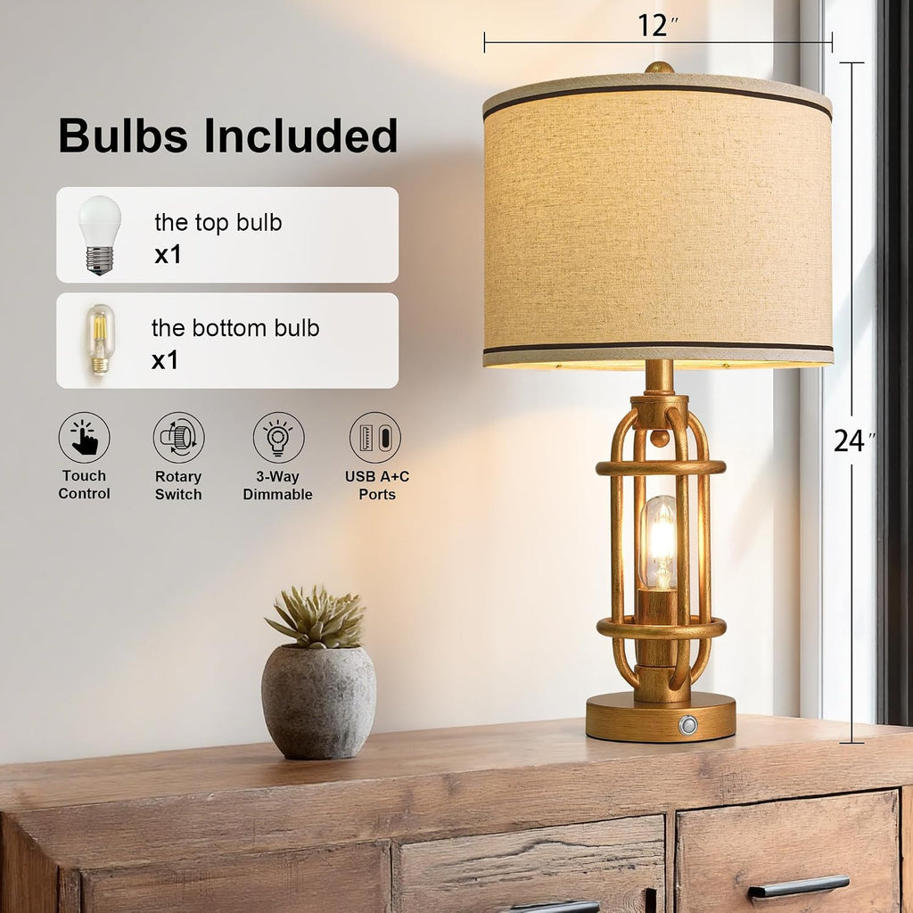 G-SAFAVA 23.75'' Table Lamps Set of 2 for Living Room Bedroom Industrial Farmhouse Metal Touch Lamps with USB A+C Ports, Night Light Vintage Nightstand Bedside Lamp, Bulbs Included, Antique Gold