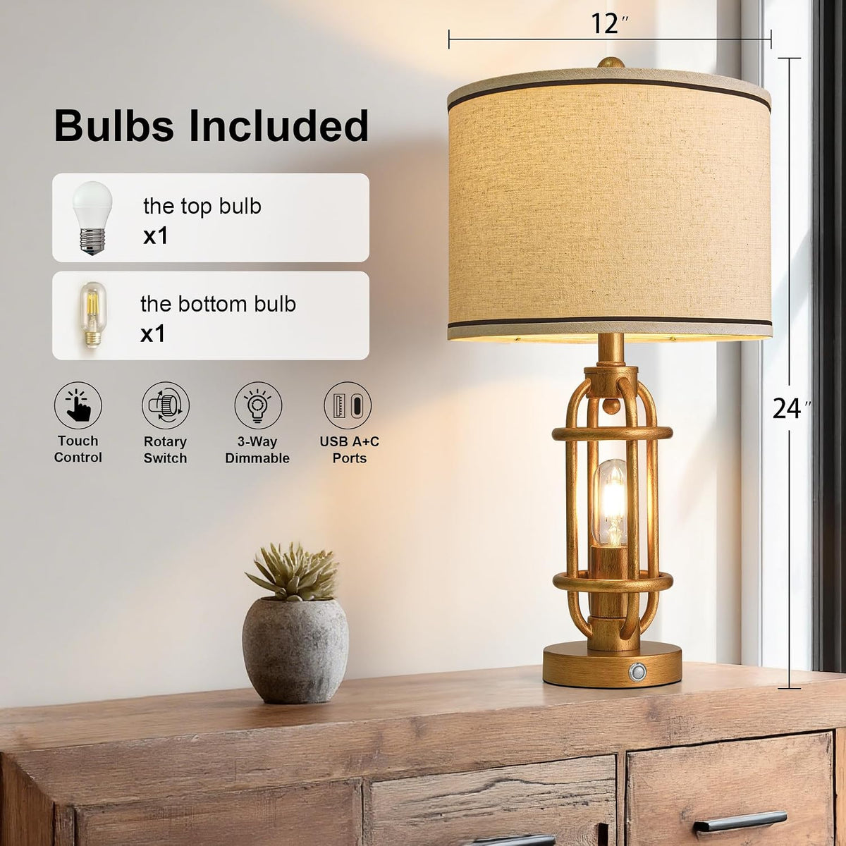 G-SAFAVA 23.75'' Table Lamps Set of 2 for Living Room Bedroom Industrial Farmhouse Metal Touch Lamps with USB A+C Ports, Night Light Vintage Nightstand Bedside Lamp, Bulbs Included, Antique Gold