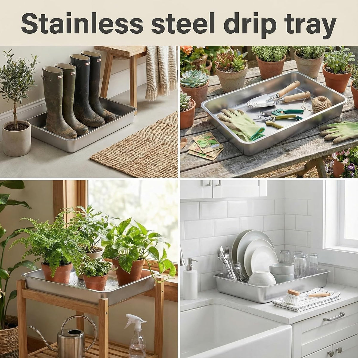 Suclain 2 Pack Stainless Steel Boot Trays for Entryway Under Sink Mat Tray Litter Box for Kitchen Cats Cabin Bathroom Office Storage Decoration, 20 x 14 x 4 in, Non-Slip Rubber Feet(20 x 14 x 4 Inch)