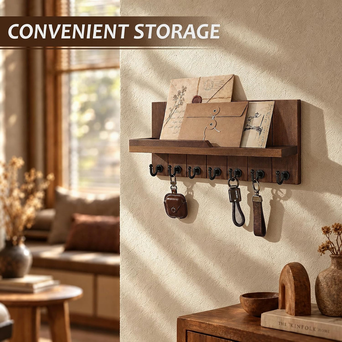 Rebee Vision Walnut Wood Key Holder Wall Mount, Mail Organizer, Walnut