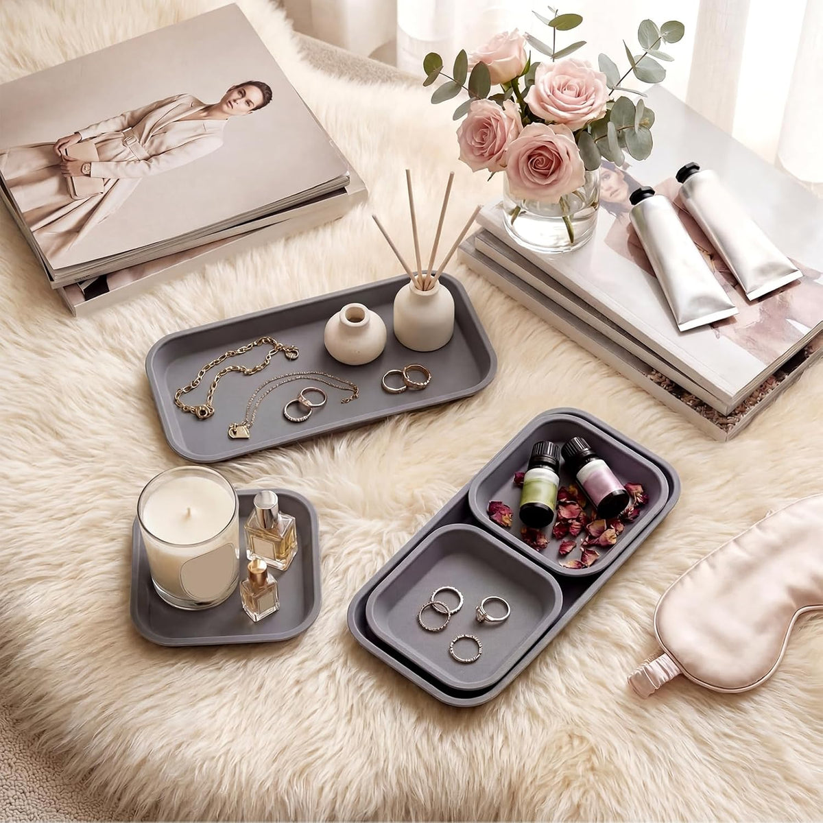 Wenqik 6 Pcs Mini Silicone Vanity Tray Bathroom Counter, Dark Gray