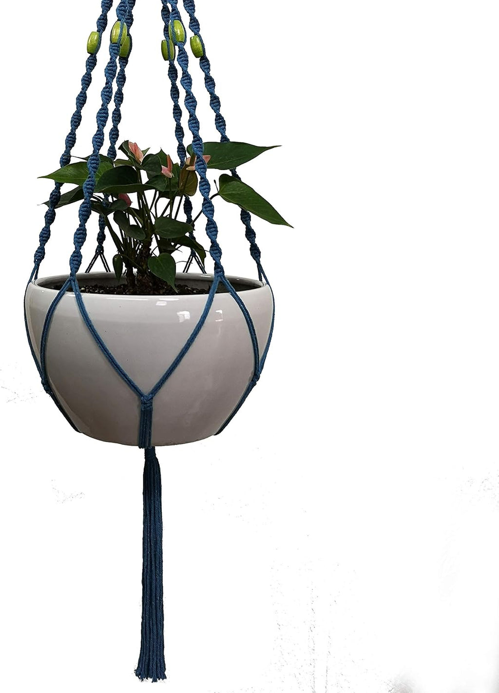 6 Legs Macrame Natural Jute and Cotton Plant Hanger & Holder and Metal Ring, 51-inches Length (Without the White Pot and Plant) (Turquoise)