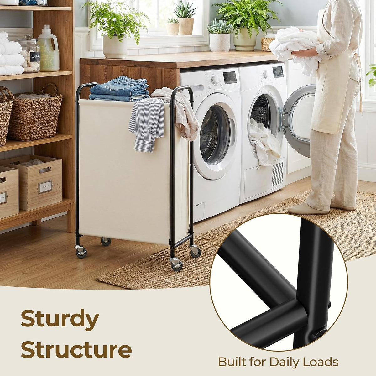 GRANNY SAYS Laundry Hamper, Slim Basket with Wheels and Handles, Beige, 80L
