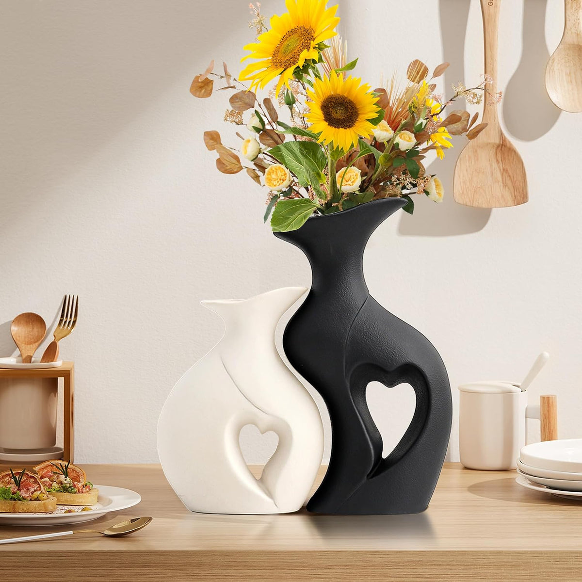 XL Black and White Decor Heart Shaped Ceramic Flower Vase Set of 2
