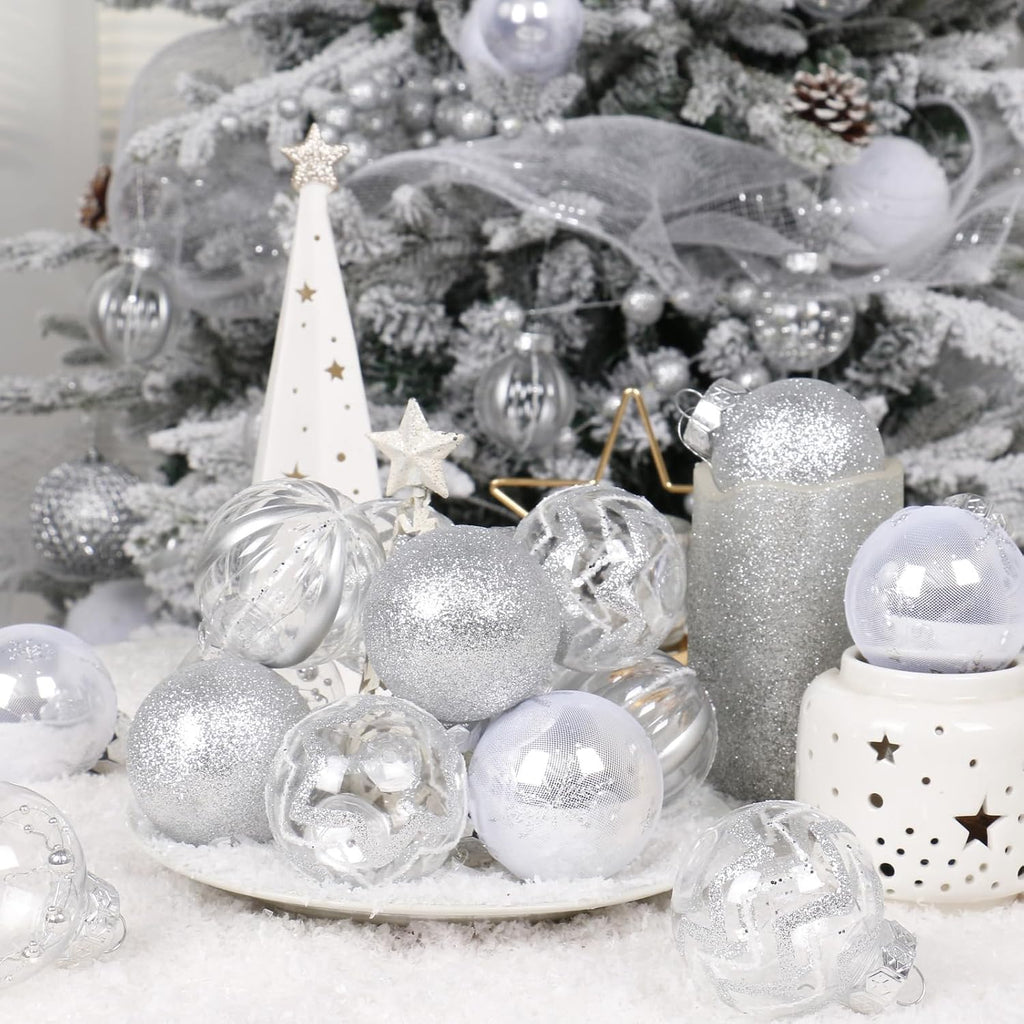 30PCS Silver Clear Christmas Ball Ornaments Set for Xmas Tree Decorations