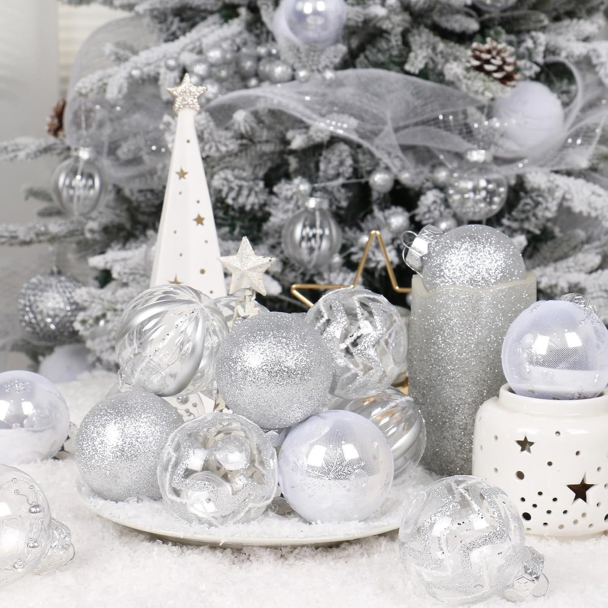 30PCS Silver Clear Christmas Ball Ornaments Set for Xmas Tree Decorations
