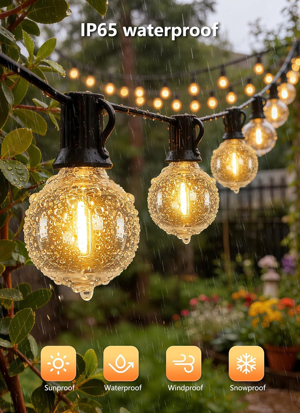 100Ft Outdoor String Lights with Remote, Dimmable G40 LED Bulbs, Waterproof