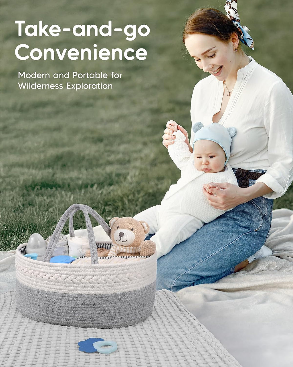 Maliton Diaper Caddy Organizer for Baby Boy- Cotton Rope for Changing Table, Nursery Storage, Newborn Baby Must Have Items