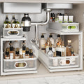 2 Pack 18.5IN-Depth Under Sink Organizer With Next-Gen Ball-Bearing Slides,2-Tier Precision Mesh Pull Out Cabinet Storage for Bathroom&Kitchen,Height Adjustable Drawers Shelf,Anti-rust-White