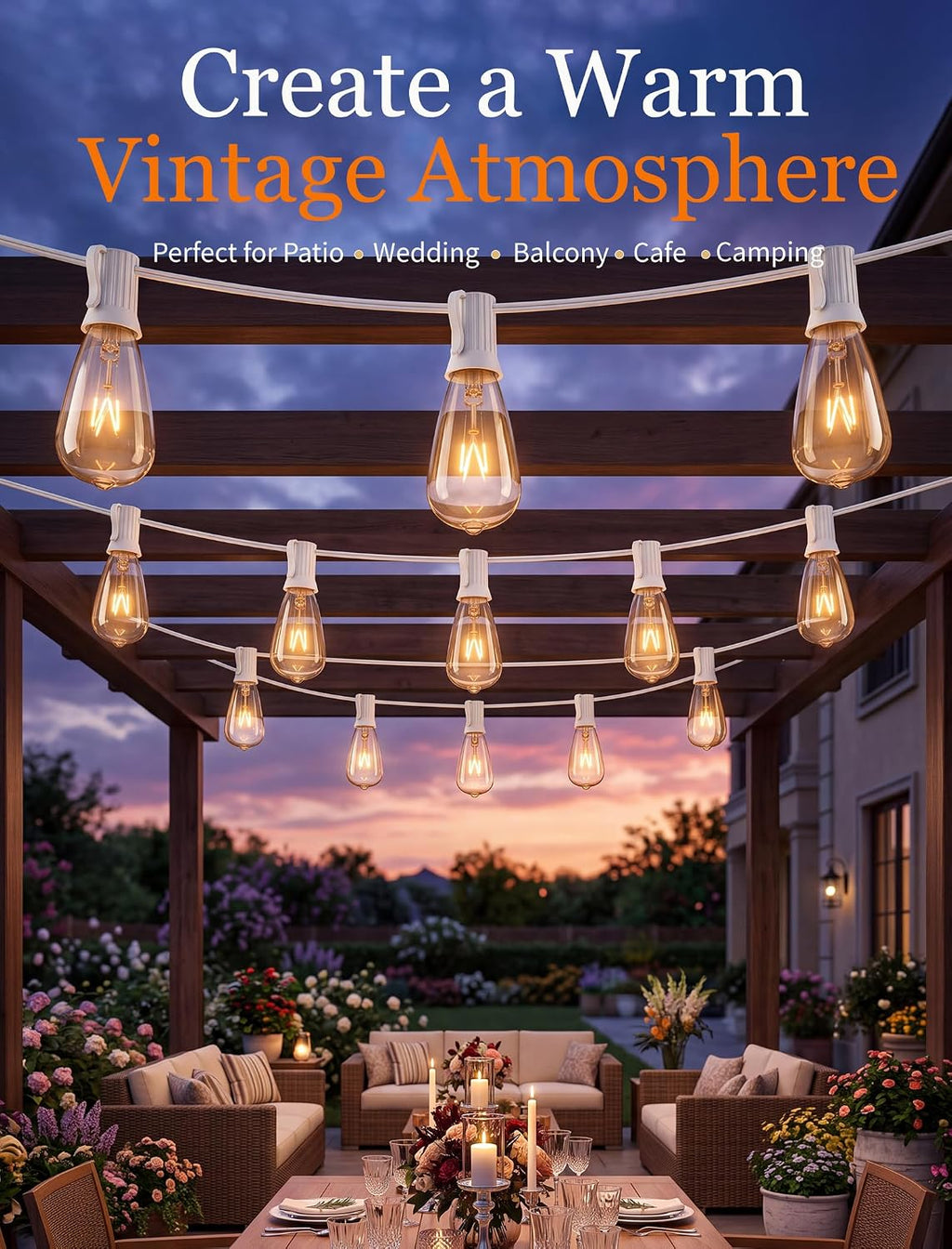 Abeja 10FT ST38 Outdoor Edison String Lights, White Wire Patio Lights with 11 Clear Vintage Bulbs (1 Spare), 7W E12/C7 Base, UL Listed Connectable Hanging Lights for Porch Backyard Wedding