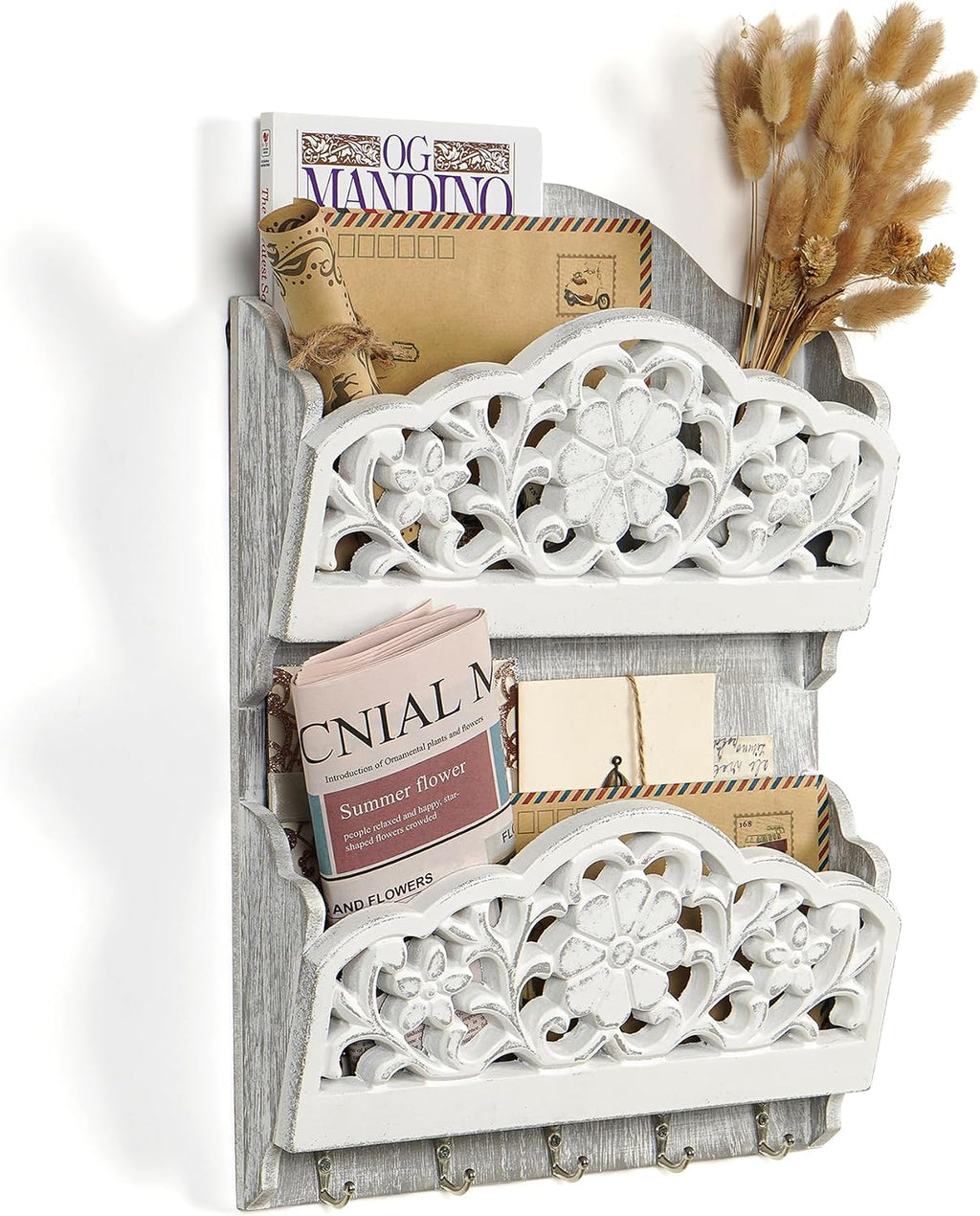 Key and Mail Holder for Wall, 2-Slot Mail Organizer Wall Mount 5 Key Hooks