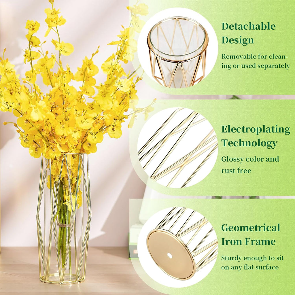 Gold Modern Flower Vases for Centerpieces – Hewory 11Inch Glass Vase with Metal Stand Set of 2, Wide Big Tall Geometric Vases for Flowers, Flower Holders for Wedding Home Decor (Large,2pcs)