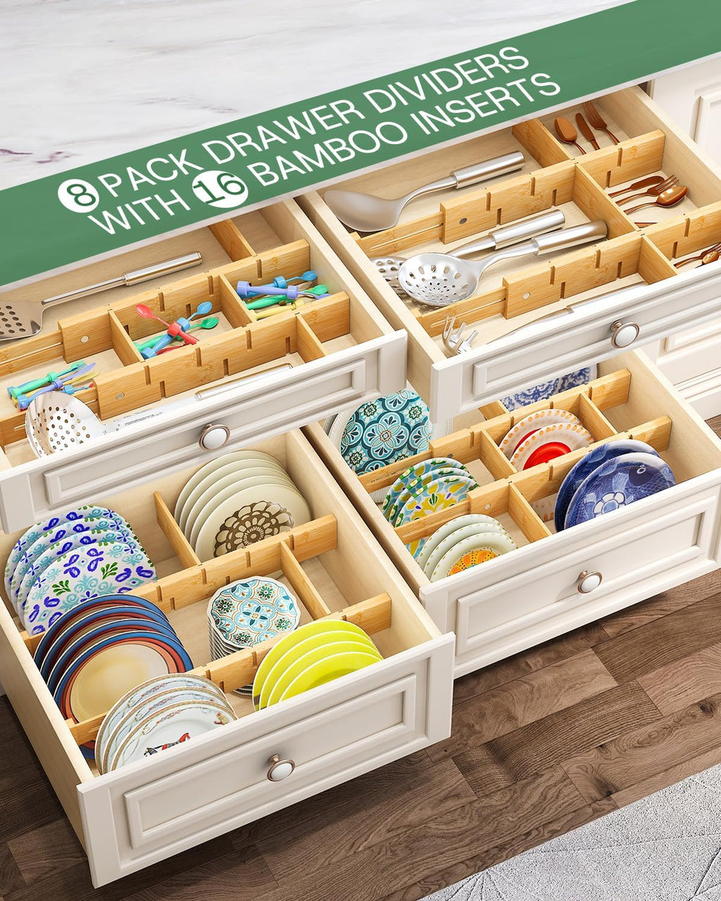 kiplant Bamboo Drawer Dividers - Adjustable Drawer Dividers for Kitchen, Clothes, Closet & Office - 8 Pack with Inserts, 13.8-18.8 Inches, Non-Slip Silicone Ends