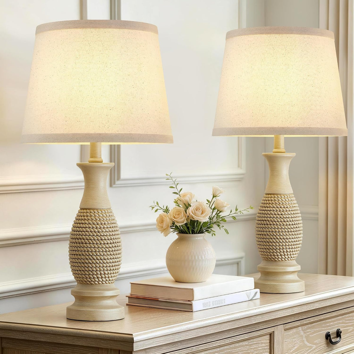 21.6" Nightstand Lamps Set of 2; Bedside Table Lamps for the Bedroom, Beige