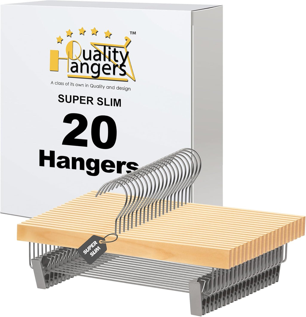 Quality Hangers 20 Pack Wooden Skirt Pant Hangers, Luxury 14" Ultra Thin Space Saving Skirt Hangers, 360 Degree Swivel Hook, Best for Pants, Skirts, Trousers, Leggings (20, Natural, Skirt/Pant)