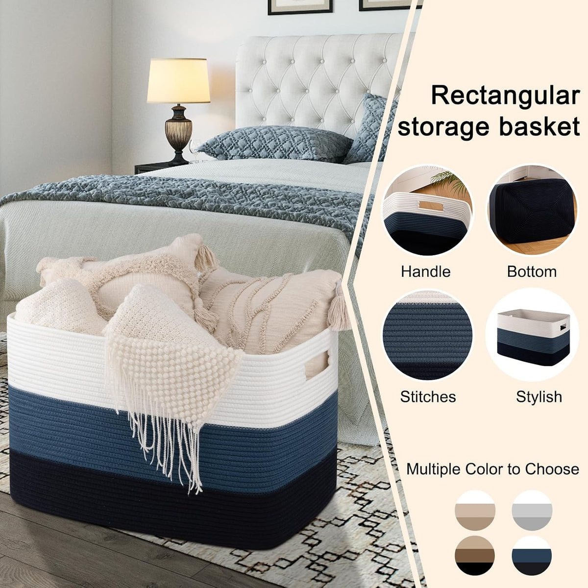 OIAHOMY 118L Extra Large Blanket Basket Cotton Rope Storage Basket Blue
