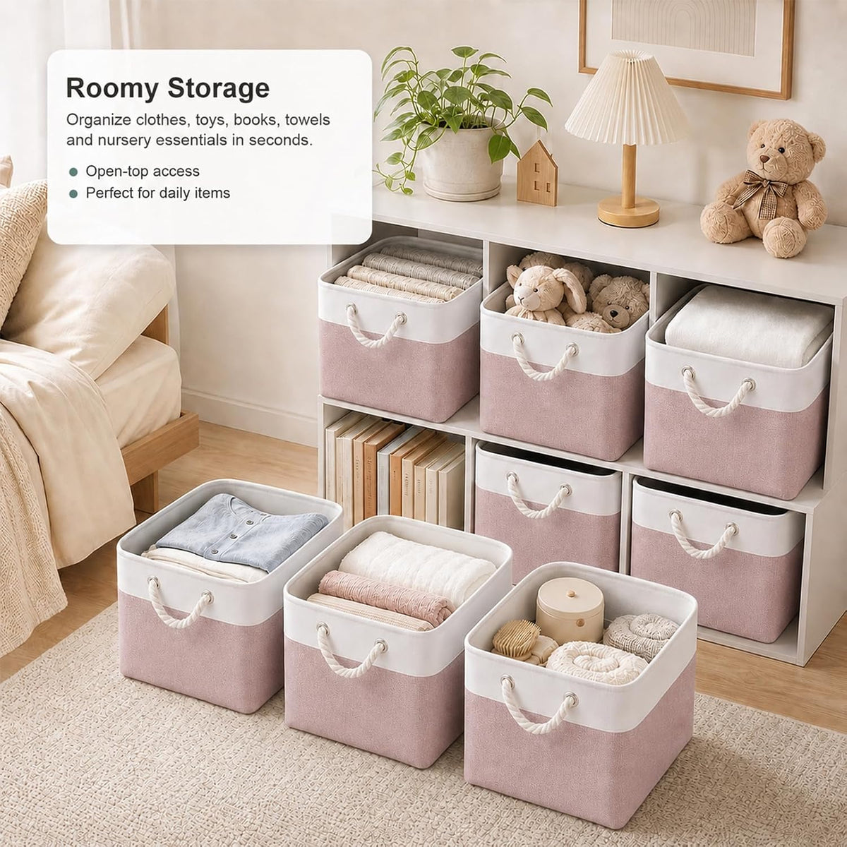 11x11 Inch Cube Storage Bins, 6 Pack Collapsible Fabric Storage Cubes with Rope Handles, Waterproof Foldable Storage Baskets for Cube Shelves, Closet, Clothes, Toys, Books, White & Pink