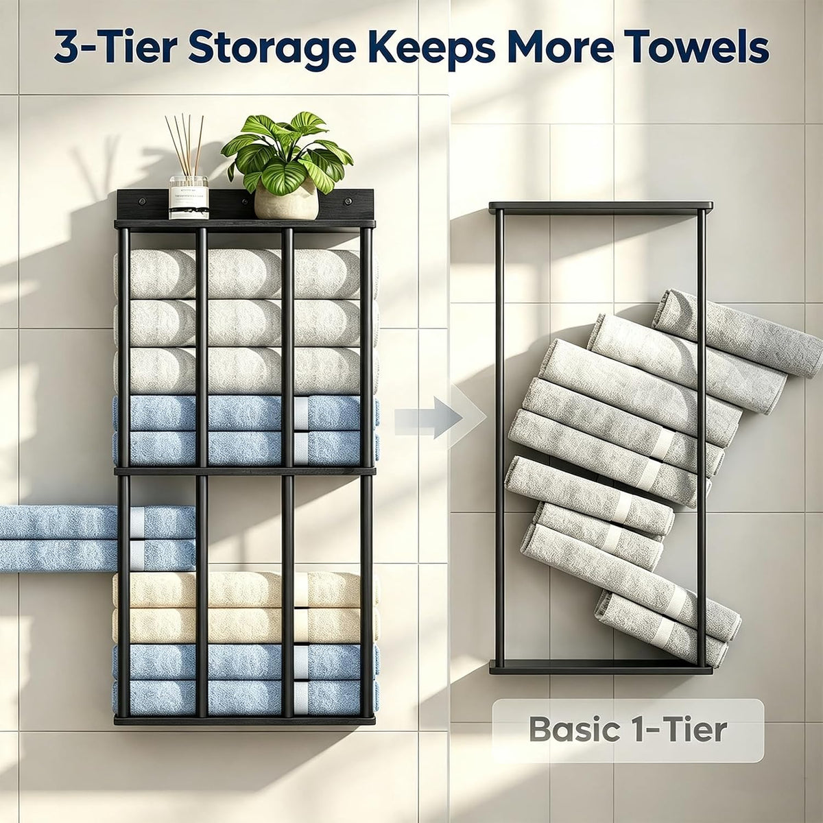 Wall Mounted Towel Rack, Wood & Metal Towel Holder for Bathroom Wall