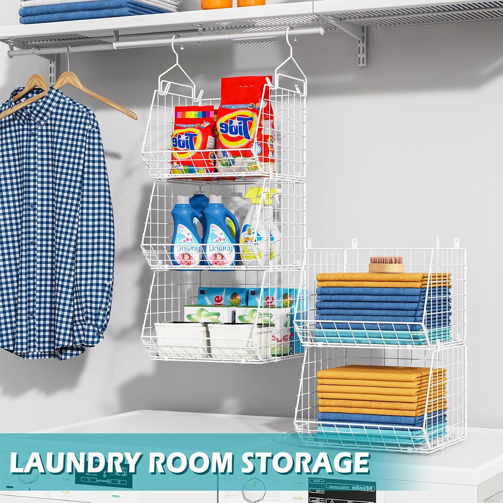 5 Tier Closet Hanging Organizer, Clothes Hanging Shelves with 4 Hanging Hooks 5 S Hooks, Wire Storage Basket Bins, for Clothing Sweaters Shoes Handbags Clutches Accessories Patent Design-White