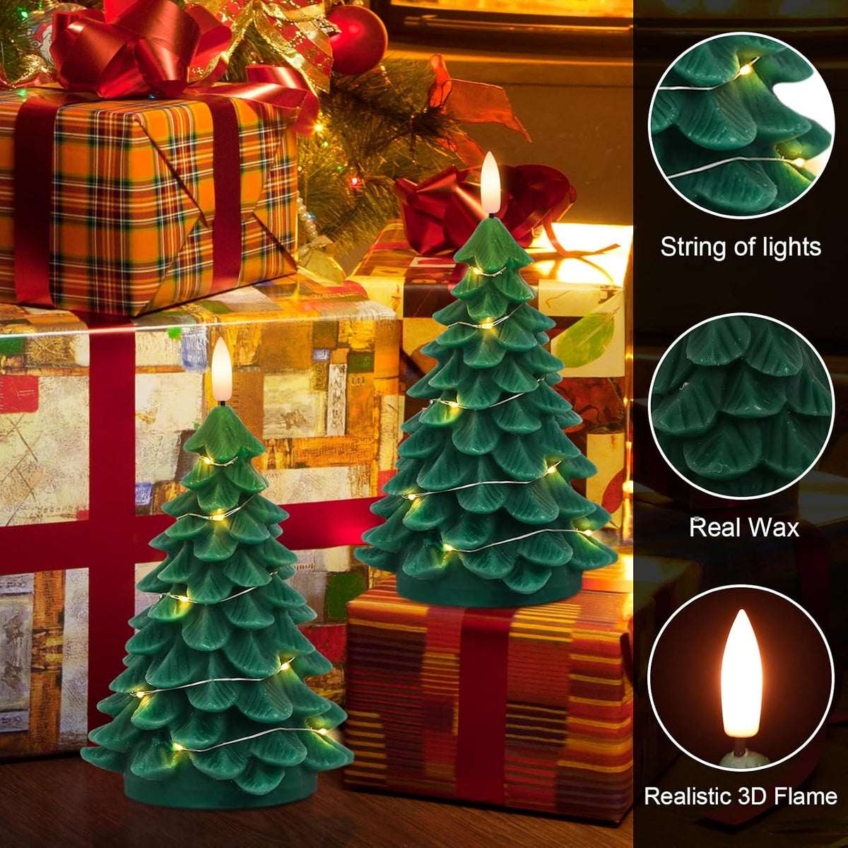 Christmas Tree Candles with String Light & Remote Timer Green