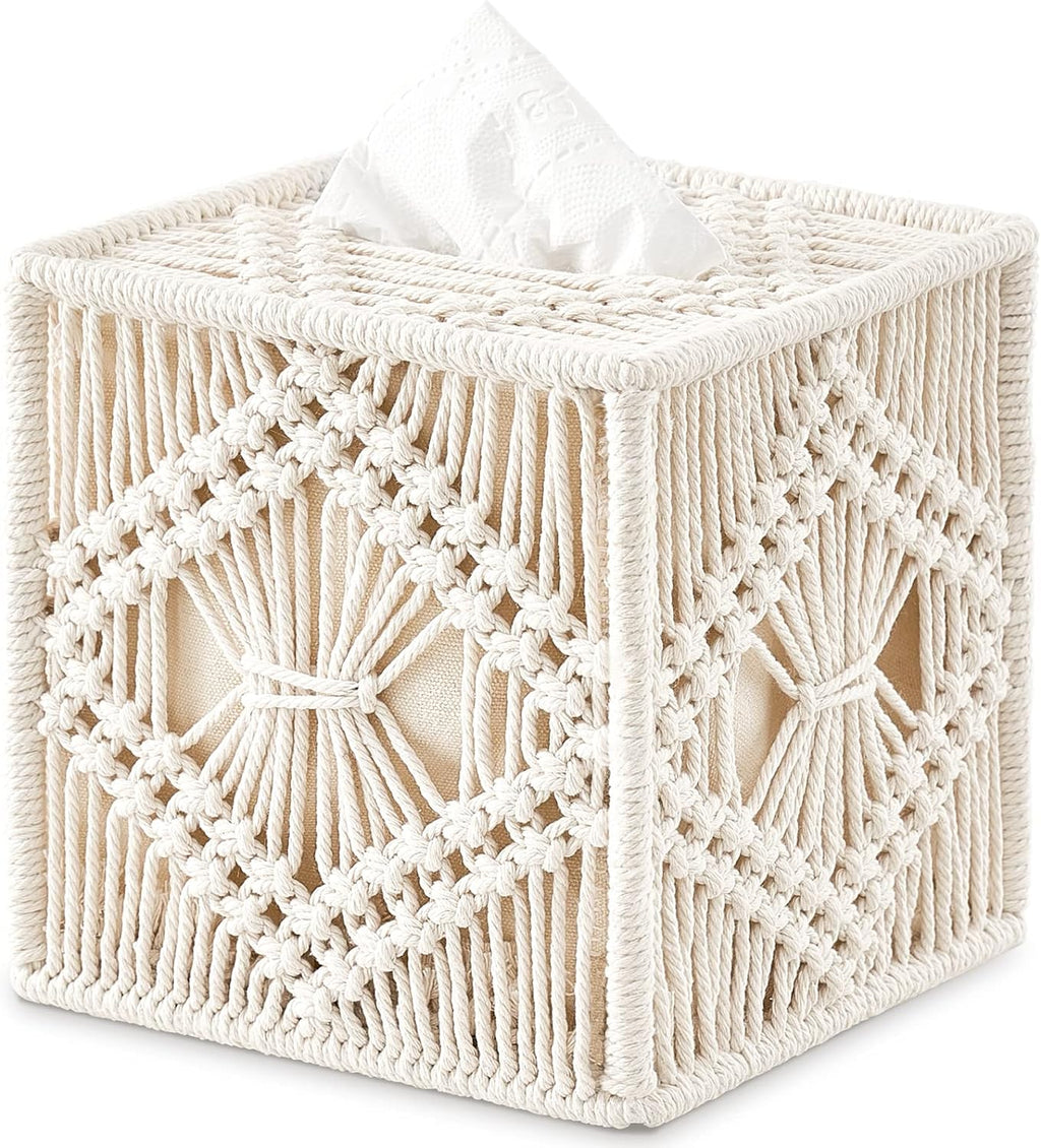 Mkono Tissue Box Cover Square, Boho Macrame Decor Open-Bottom Holder, Ivory