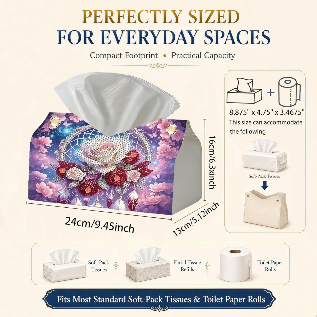 NCMCDZS Diamond Painting Tissue Box Cover,9.44x9.05x6.29in, 1 Pack