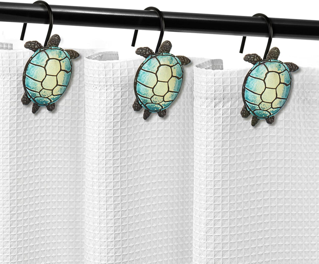 Sunlit Sea Turtle Shower Curtain Hooks, Home Decorative Shower Curtain Rings with Black Hooks for Bathroom, Resin, Ocean Shower Curtain Hanger Hooks for Kid Room Living Room, Set of 12